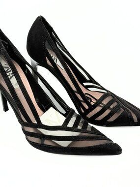 NEW ZARA CLASSIC ELEGANT BLACK MESH POINTED TOE STILETTO HEELS PUMPS